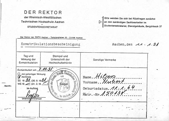 Exmatrikulationsbescheinugung